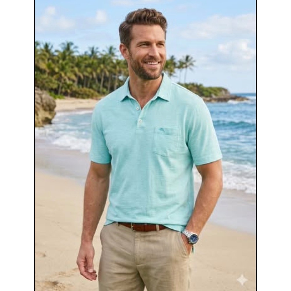 Tommy Bahama Relax Mens L Pima Cotton Short Sleeve Polo Shirt Aqua Blue Marlin